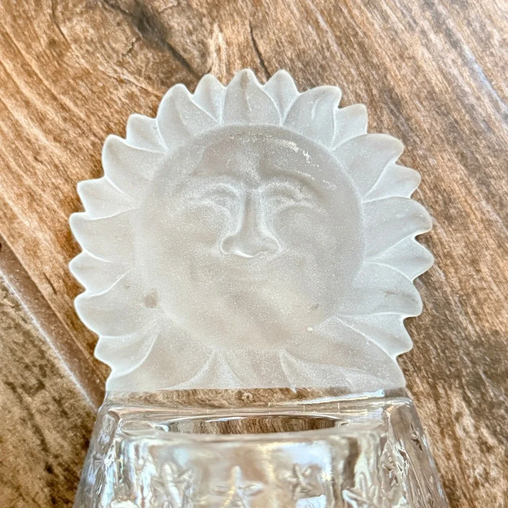 Vintage 90's Whimsy Frosted Celestial Sun Face & Stars Glass Tea Light Holder